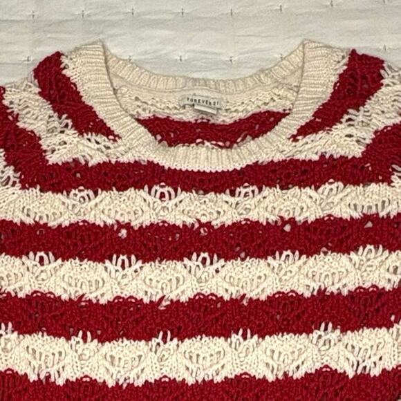 Forever 21 Open Knit Crew Neck Pullover Sweater Women's S | Red White Stripe - Picture 2 of 10